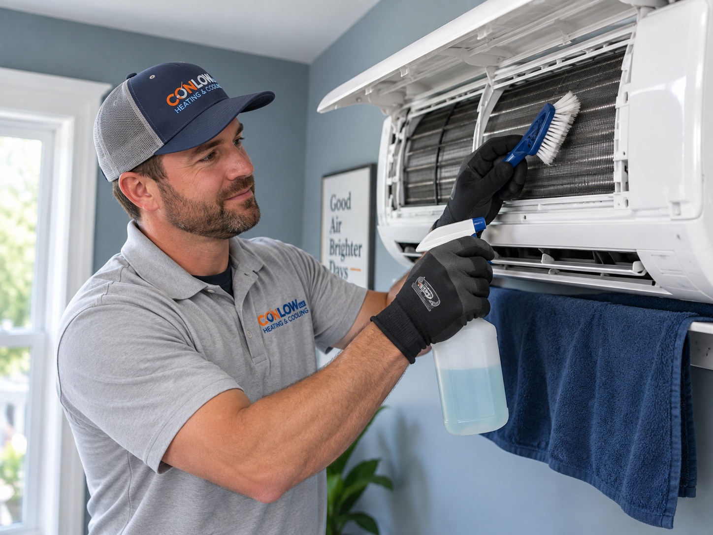 Conlow technician spraying cleaner and brushing a ductless mini-split with a catch towel below