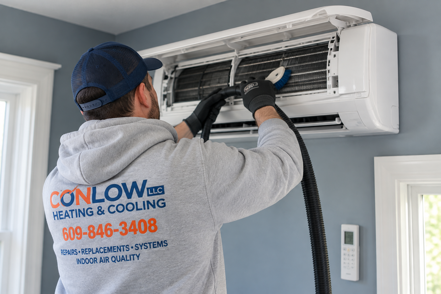 Conlow technician vacuuming and brushing the coils of a wall-mounted ductless mini-split