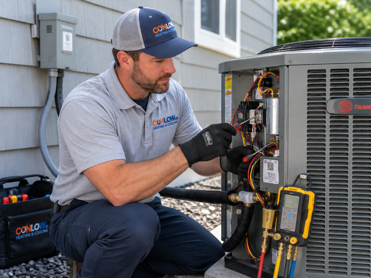 Conlow technician diagnosing an outdoor AC condenser with manifold gauges in Cape May County