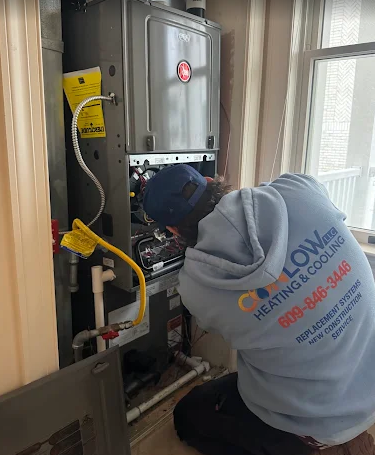 Conlow technician repairing a furnace system indoors
